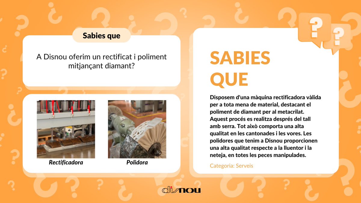 Disnoual6's tweet photo. Sabies que a #Disnou realitzem #rectificat i #poliment mitjançant diamant❓
💬 Continuem amb la secció #SabiesQue i us seguim mostrant els diferents #serveis que oferim
Animeu-vos a conèixer més informació llegint la imatge🔍
#CastellarDelValles #metacrilato #SabiasQue https://t.co/LfkIAcyPI1