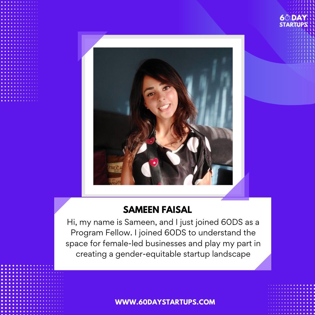 60daystartups's tweet photo. Say hello 👋to @sameenfaisal01, the newest member of the 60DS team.
Here 👇 are some fun facts about Sameen

#business #Fellows https://t.co/7BXF0kQFHp