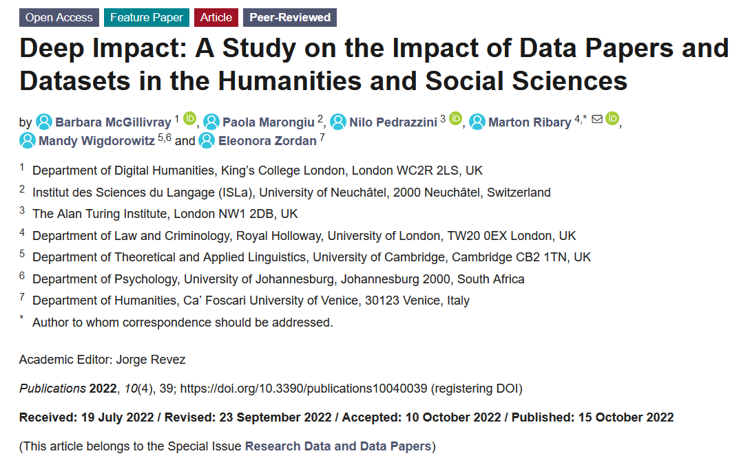 New article: “Deep Impact: A Study on the Impact of Data Papers and Datasets in the Humanities and Social Sciences”. <a href="/BarbaraMcGilli/">Barbara McGillivray</a>, <a href="/paolamarongiu_/">Paola Marongiu</a>, <a href="/nilo_pedrazzini/">Nilo Pedrazzini</a>, <a href="/MartonRibary/">Marton Ribary</a>, <a href="/Mandy_Wig/">Mandy Wigdorowitz, PhD</a> and <a href="/eleonora_zordan/">EleonoraZordan</a> 
mdpi.com/2304-6775/10/4…
