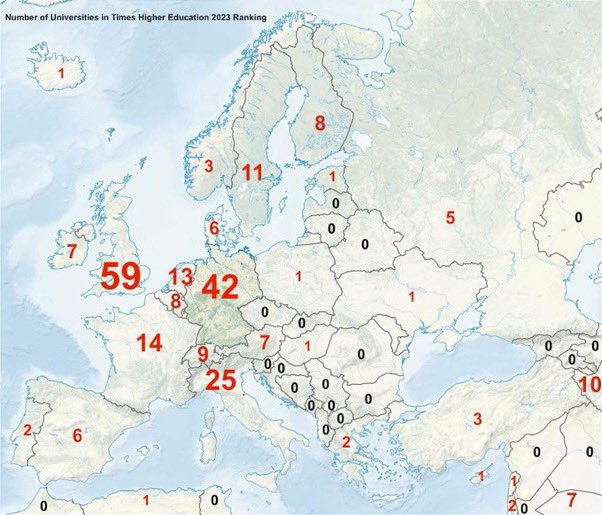 Number of universities in top 500 in Times Higher Education (2023)