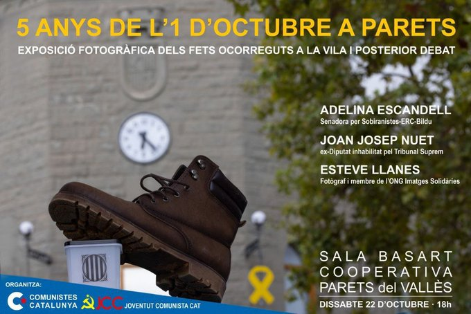 Exposició fotogràfica de l'1 d'octubre a #Parets feta per @EsteveLLanes i xerrada amb @NUET i @adelinaescande. La @jcc_parets i @ComunistesPdV organitzem un acte en commemoració del 5è aniversari del referèndum. Vine dissabte 22 a les 18h a la Sala Basart de la Cooperativa!👇