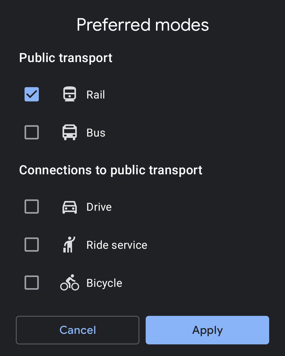 _drmr_'s tweet photo. @delroth_ One can, and I did, deselect "Drive" (a car) in the "Preferred modes -> Connections to public transport" filter. But I agree, it should be off by default for public transport routes. https://t.co/6yNOzedn2h