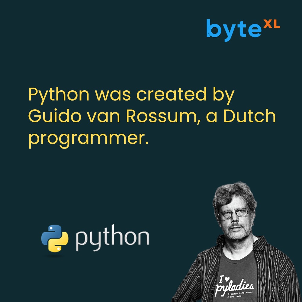 byte_xl's tweet photo. #Didyouknow? #Python was created by Guido van Rossum, a Dutch programmer. He developed the language with minimalism in mind and named it โPythonโ based on a popular British television series, โMonty Pythonโs Flying circusโ. #programming #coding #trivia #itsector #byteXL https://t.co/brL9I5dcLo