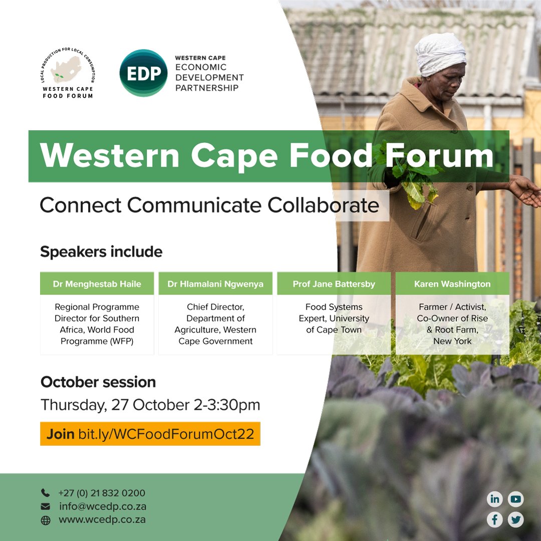 EVENT: The Western Cape Food Forum's October meeting includes an international speaker line-up looking at global food security issues relevant to South Africa. Consider tuning in. More info: wcedp.co.za/western-cape-f…
🗓️ Thursday, 27 October
🕑 2-3:30pm
JOIN: bit.ly/WCFoodForumOct…