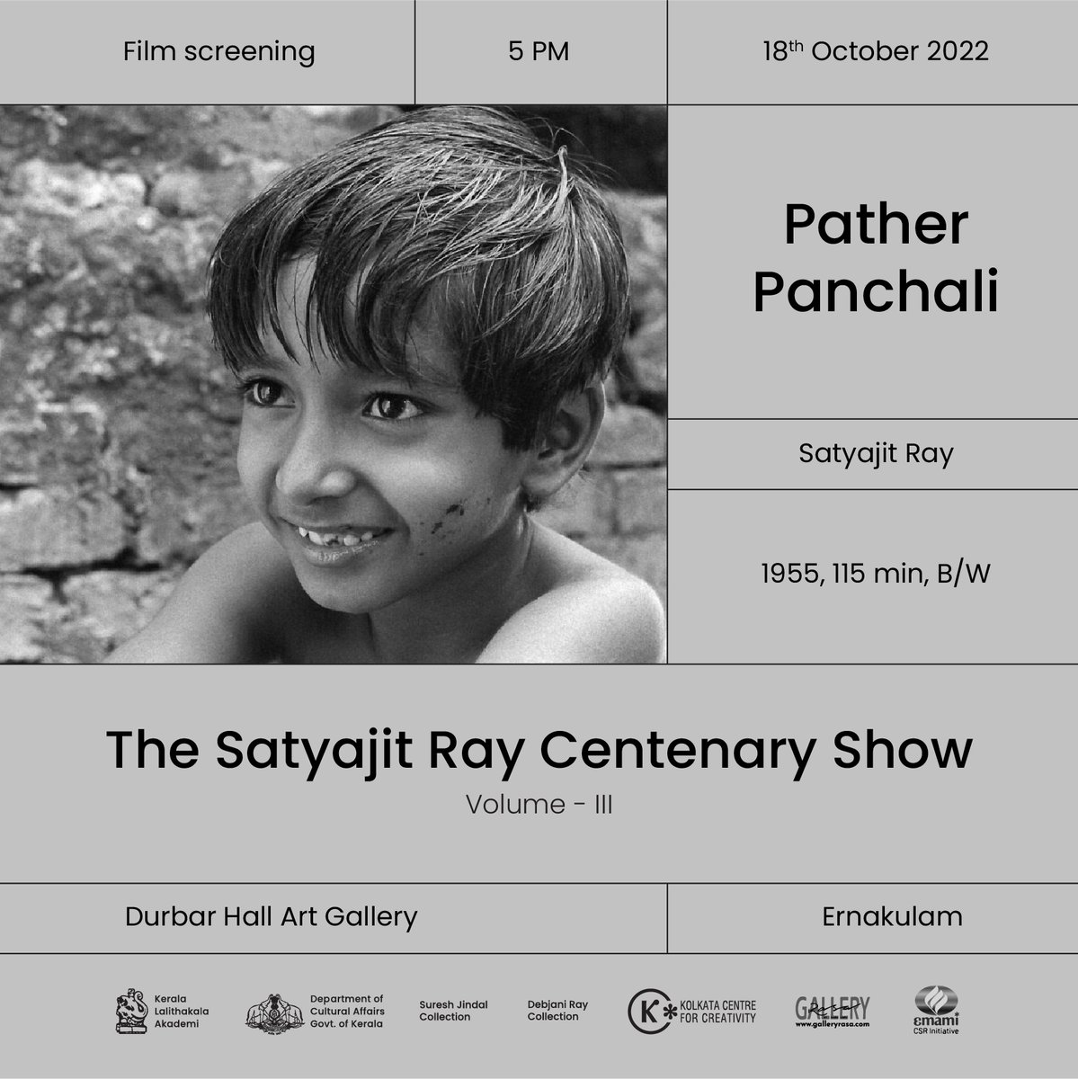 KeralaAkademi's tweet photo. #FilmScreening
We delightfully invite you all to the screening of ‘Pather Panchali’ (1955), Satyajit Ray’s debut film.
#patherpanchali #satyajitraycentenaryshow #aputrilogy #keralalalithakalaakademi #kcc #worldofray #moviescreening #durbarhall #kochievents https://t.co/e5y3oVB7e1
