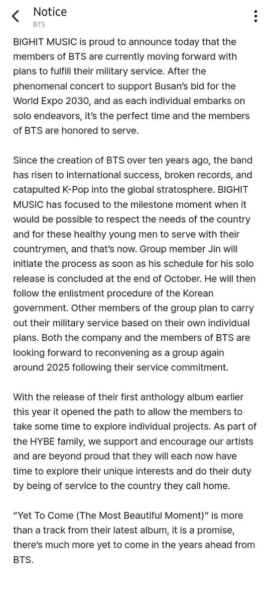 BTSHeartbreaker's tweet photo. Bighit Music confirms BTS to fullfill mandatory military service. 

See you on 2025, my dear Bangtan 💜 https://t.co/ll3rQzdEpL