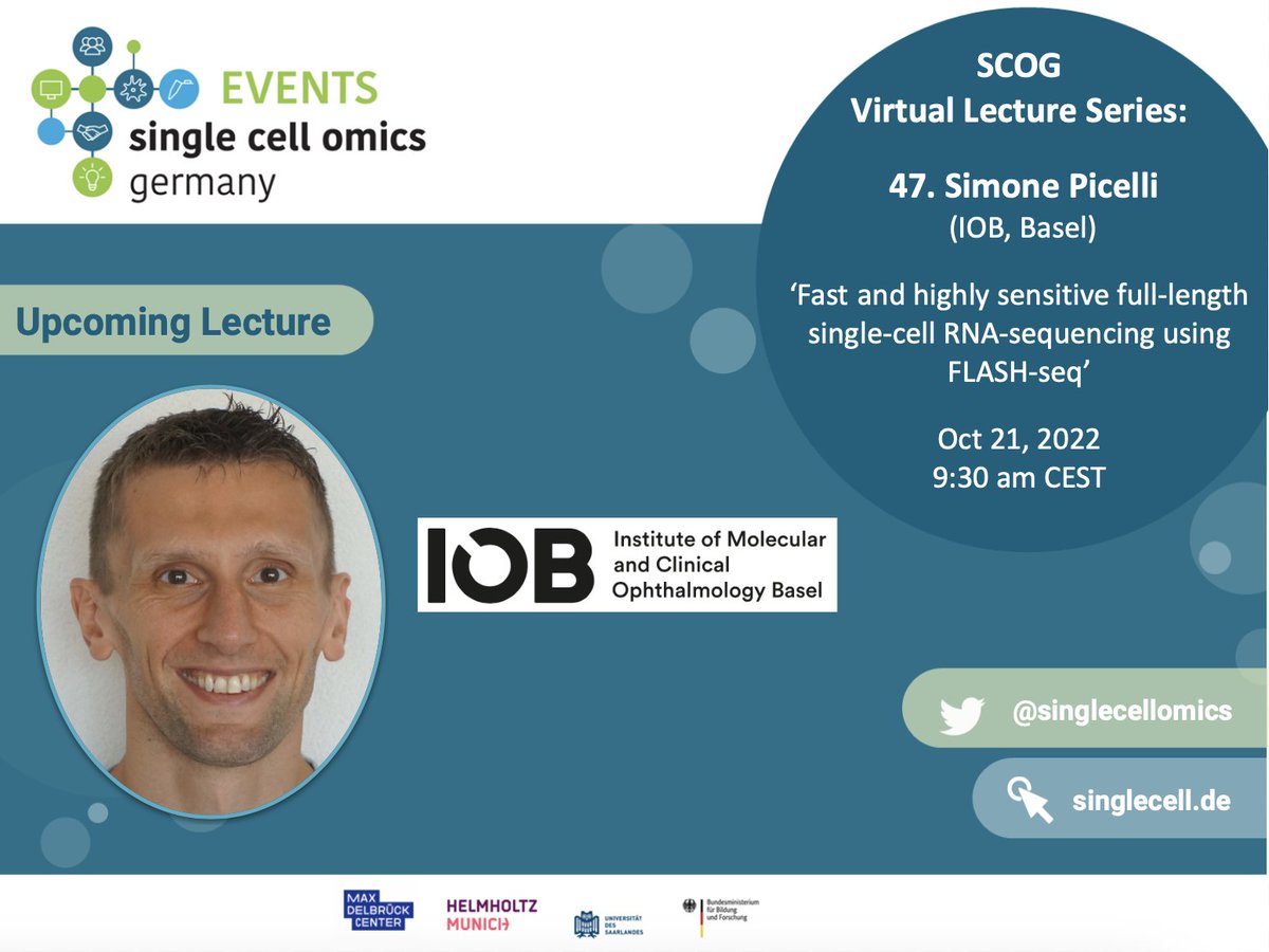 singlecellomics's tweet photo. 📢 Join the SCOG Virtual Lecture #47 (Zoom)
⏰ October 21, 9:30-10:15am CEST

💬 Simone Picelli, IOB Basel (@IOB_ch)
💡 "Fast and highly sensitive full-length single-cell RNA-sequencing using FLASH-seq"

✏️ Registration: https://t.co/oGXJaO1CH4
#SCOGVLS https://t.co/sGxMDiKCCv