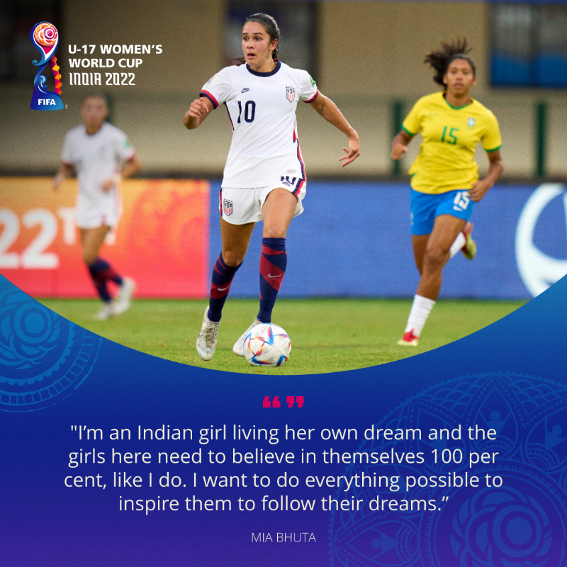 FIFAWWC's tweet photo. USA midfielder Mia Bhuta, who is of Indian heritage, is hoping to inspire and encourage young girls to dream big. 🙌

@USYNT | #U17WWC