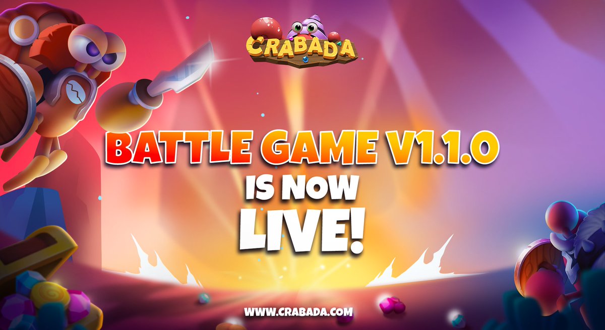 📢Dear Crabadians.

We are pleased to announce that the update to v1.1.0 is successful and now LIVE! 🚀

(P.s don’t forget the gifts in your inbox!)🎁

ONWARD TO A NEW ERA OF CRABS!🦀✨

Read article on the changes in v1.1.0 and Economy v2.0:
medium.com/@PlayCrabada/a…