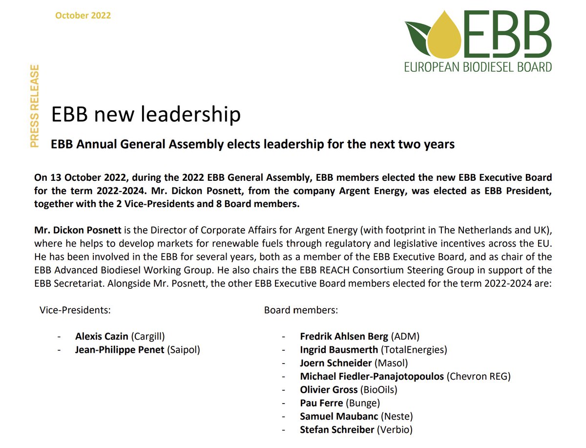 EBB_Biodiesel's tweet photo. Last week, at our annual general assembly in Brussels, EBB members elected new EBB leadership for the next 2 years. Dickon Posnett (Argent Energy) was elected EBB President, alongside 2 VPs and 8 Board members.

https://t.co/i6vRhxKwqb https://t.co/SSdHULd1yJ