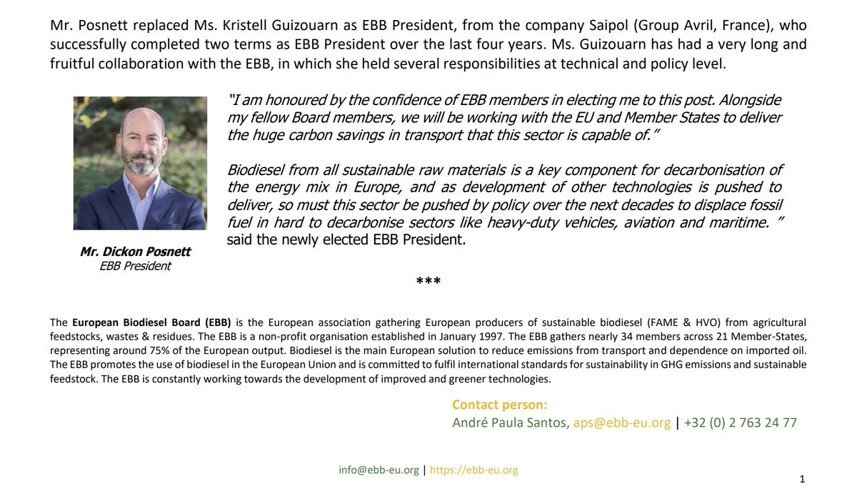 EBB_Biodiesel's tweet photo. Last week, at our annual general assembly in Brussels, EBB members elected new EBB leadership for the next 2 years. Dickon Posnett (Argent Energy) was elected EBB President, alongside 2 VPs and 8 Board members.

https://t.co/i6vRhxKwqb https://t.co/SSdHULd1yJ