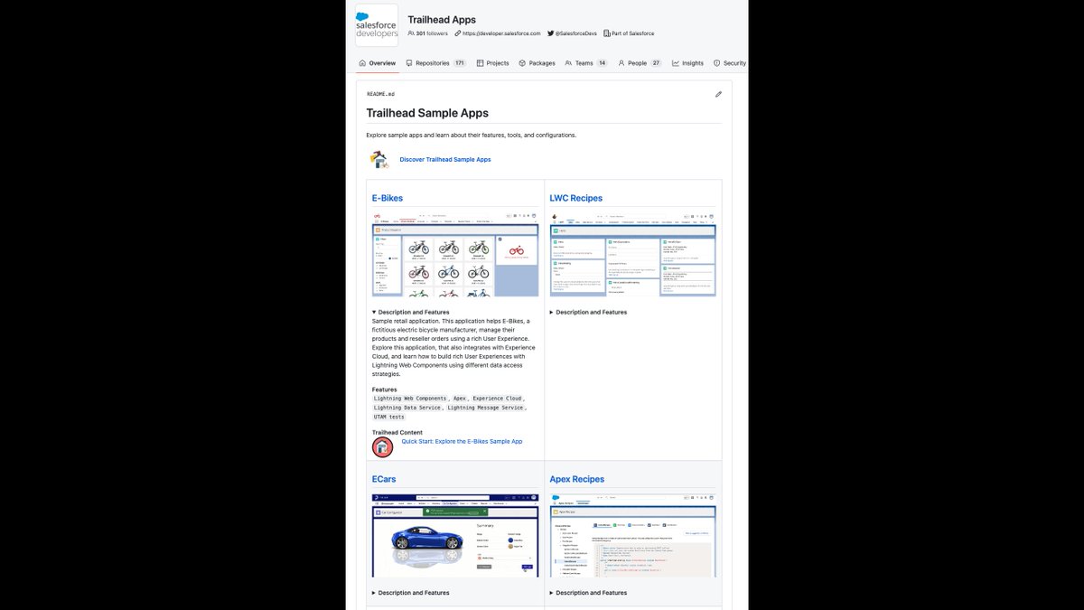 PhilippeOzil's tweet photo. The @SalesforceDevs advocate team is celebrating Winter '23 with a brand new GitHub readme for our sample apps. Check it out and learn more about our many sample apps. Get an overview of the apps with screenshots, features and related @Trailhead badges
https://t.co/ynbd6emG1c https://t.co/VCmEcb5Wgk