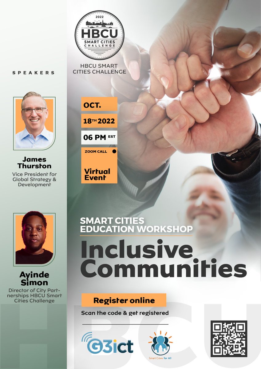 Join @jamesthu at the HBCU Smart Cities Challenge Education Workshop on Tuesday, Oct 18, 6 pm ET. This virtual event will use cases of utilizing technology by cities to highlight the importance of building inclusive communities. Register here: bit.ly/3yGakV4 @AyindeSimon