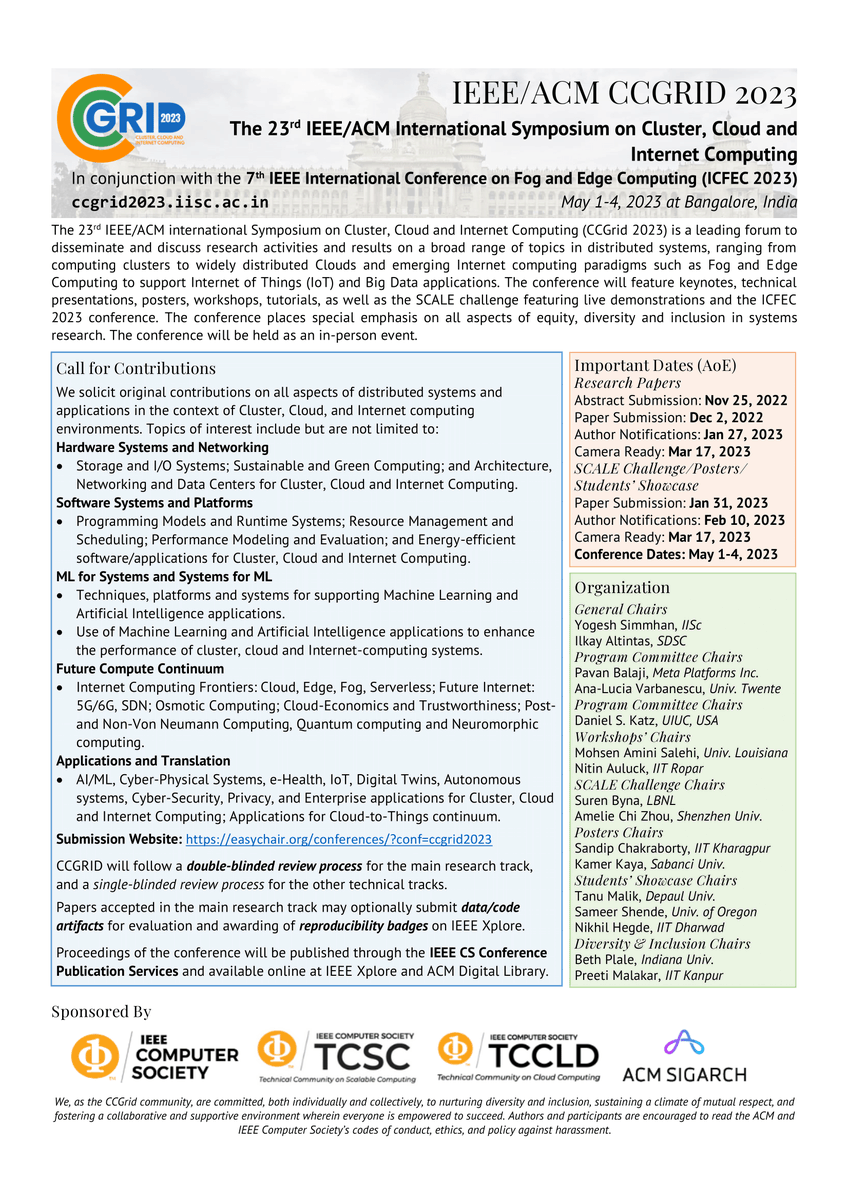auluck_nitin's tweet photo. CCGRID 2023 call for papers attached. Abstracts due - Nov 25, papers due - Dec 2, workshop proposals due - Oct 21. https://t.co/ziTt8LUfAy