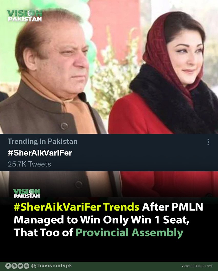 thevisiontvpk's tweet photo. #SherAikVariFer has been trending on Twitter Pakistan since last night, after the results of By-Polls surfaced and according to the results, PMLN managed to secure only one seat, that too of the provincial assembly. https://t.co/TaNdeScNhI