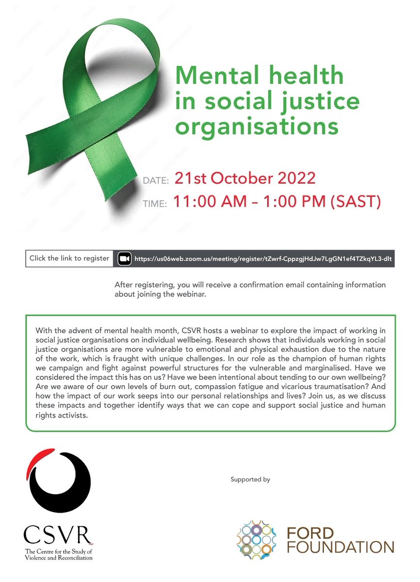 _CSVR's tweet photo. Please find attached an invite to a webinar CSVR will be hosting on the 21st October 2022, 11-1pm (SAST) to explore Mental Health in Social Justice Organisations. https://t.co/sTQTtidFD7