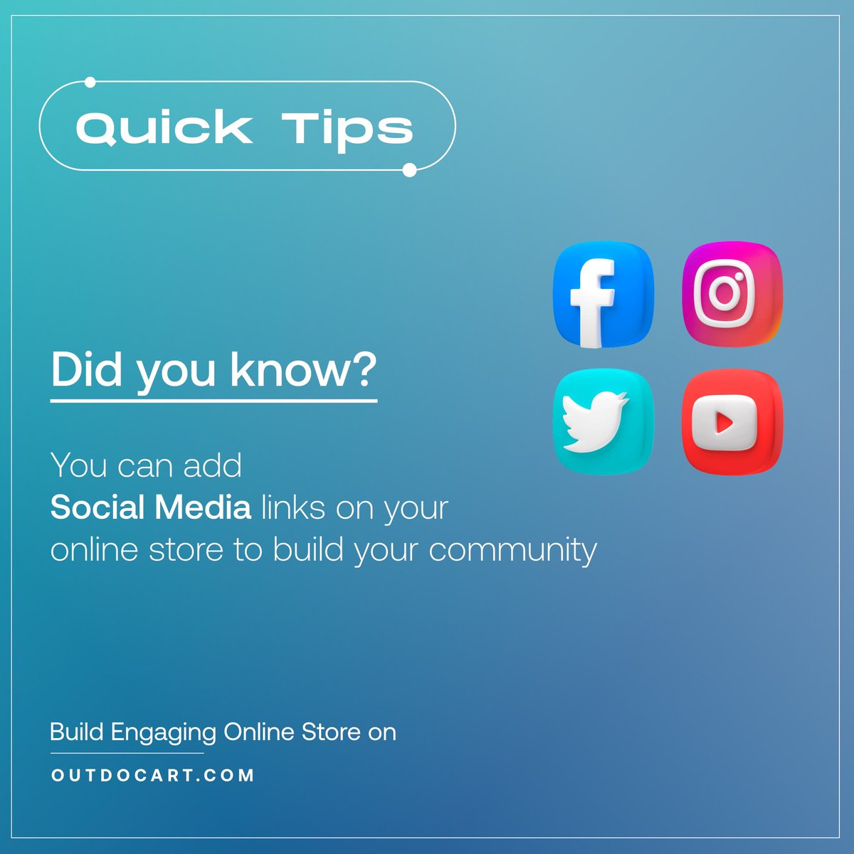 outdocart's tweet photo. #Quick #tips for #Ecommerce

Did you know?

You can add Social Media links on your online store to build your community.
.
Build Engaging Online Store on https://t.co/eJFcn1FcMX!
.
Follow/Like our page to get more such tips. https://t.co/CFqmBiiLJt