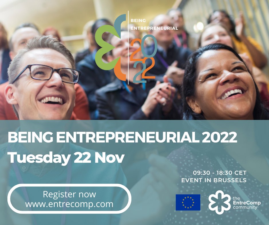 Join The #EntreCompCommunity in celebrating the very best in entrepreneurial learning across Europe with ‘Being Entrepreneurial 2022’ coming to Brussels this November.
📅 Tue 22 Nov 
⏰ 09:30 – 18:30
📌 Brussels, Belgium
ℹ️ bit.ly/3dcA9og  
#EntreComp