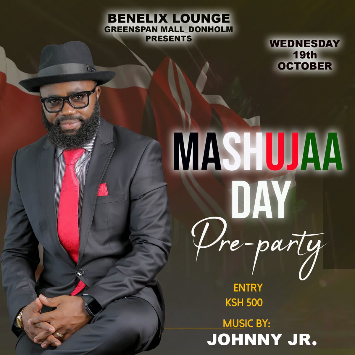 Good afternoon wangwana!!! This week Rhumba sherehe starts early. 
Let's link up Wednesday 16th for a  Mashujaa Day Pre-party <a href="/benelixlounge/">BenelixLounge</a> greenspan mall Donholm. 
Entry 500
Tag a friend to tag a friend. 
Sherehe ni Rhumba 
#benelix_the_place_to_be #johnyjuniorandBVband