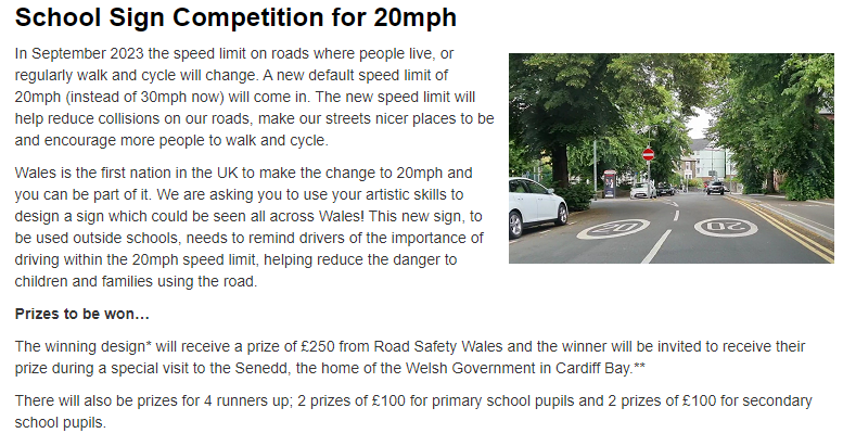 Competition for all Y7 and 8 pupils- Winning entry receives £250! Deadline Tues 10th Jan, hand your entries in to your art teacher. Click on the link below for rules:
School Sign Competition for 20mph | Road Safety Wales roadsafetywales.org.uk/news/posts/202…