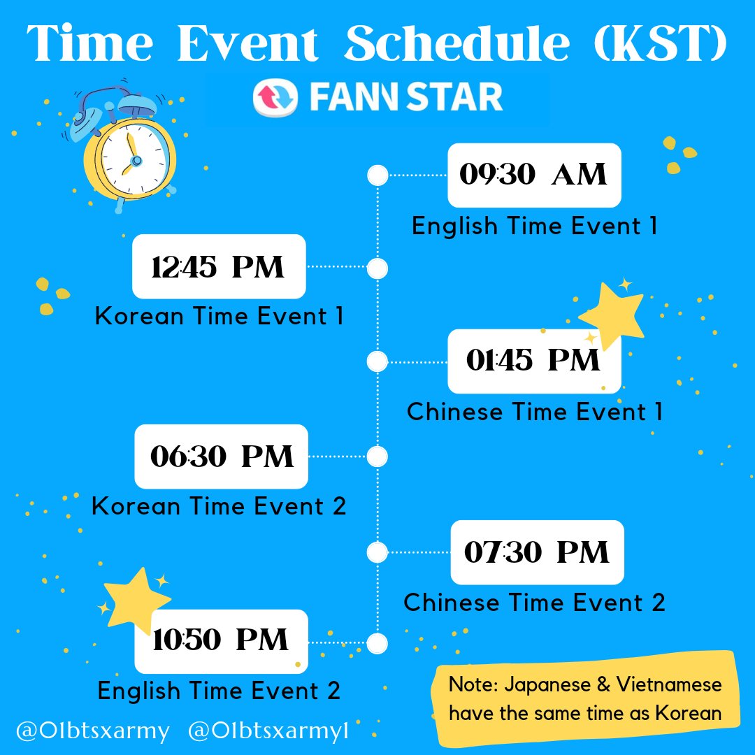 [FNS Time Event Update] There're few updates of TE: 🔸️ English TE switched (it's TE 1 at 9:30AM KST now) 🔸️ Chinese TE changed to 1:45PM - 2:45PM & 7:30PM - 8:30PM KST (right after Korean/Japanese/Vietnamese TE) We're posting all reminders, so turn our notification on. 🔔