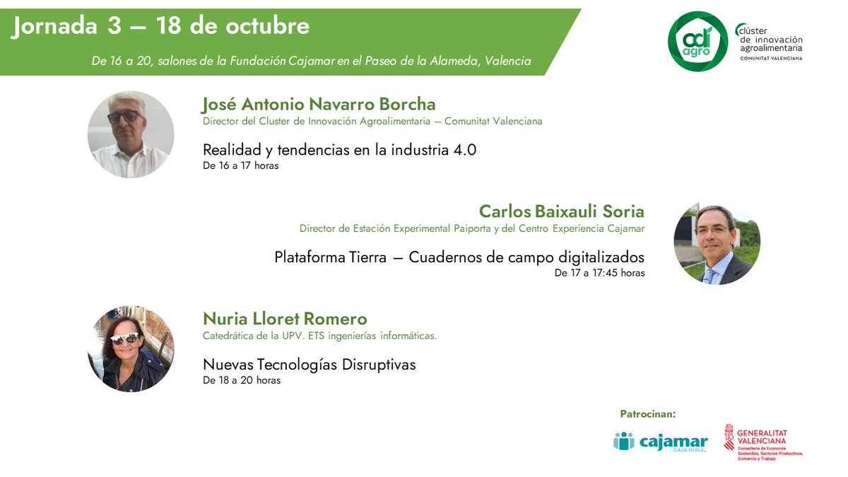 Mañana cerramos el Ciclo de Jornadas de Desarrollo Empresarial con ponencias de J.A. Navarro, C. Baixauli y N. Lloret, de 16 a 20 en los salones de la Fundación Cajamar en Pº de la Alameda, VLC. No te las pierdas! Apúntate a través del formulario en cinnoagrocv.com