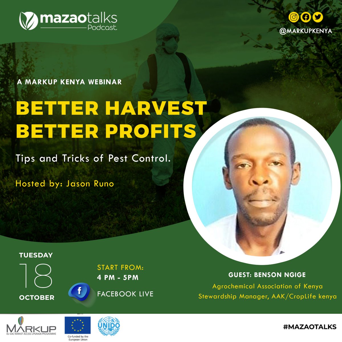 markupkenya's tweet photo. BETTER HARVEST; BETTER PROFITS: Join us tomorrow, Tuesday 18th at 4pm for a #MazaoTalks Webinar on safe use of pesticides and pest control, with Benson Ngige and John Njoroge, hosted by @jasonruno 

  Live on Facebook: https://t.co/fU2arXx2CW  

Kindly RSVP! https://t.co/qeAGForO6u
