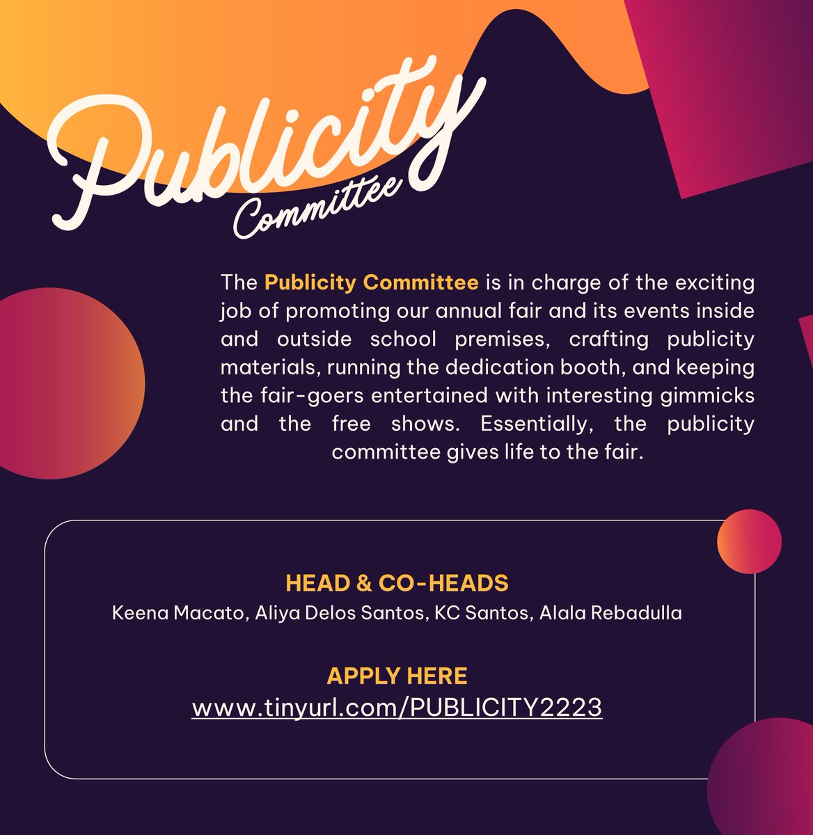 MCHSSC's tweet photo. This 2023, the MCHS community’s biggest project is making a comeback! 🤩

The Fair applications for the Publicity and Concert committees are now open. Kindly refer to the pubmats below for more details. 

We can’t wait to welcome you to our team! https://t.co/tM2G0NgHzU