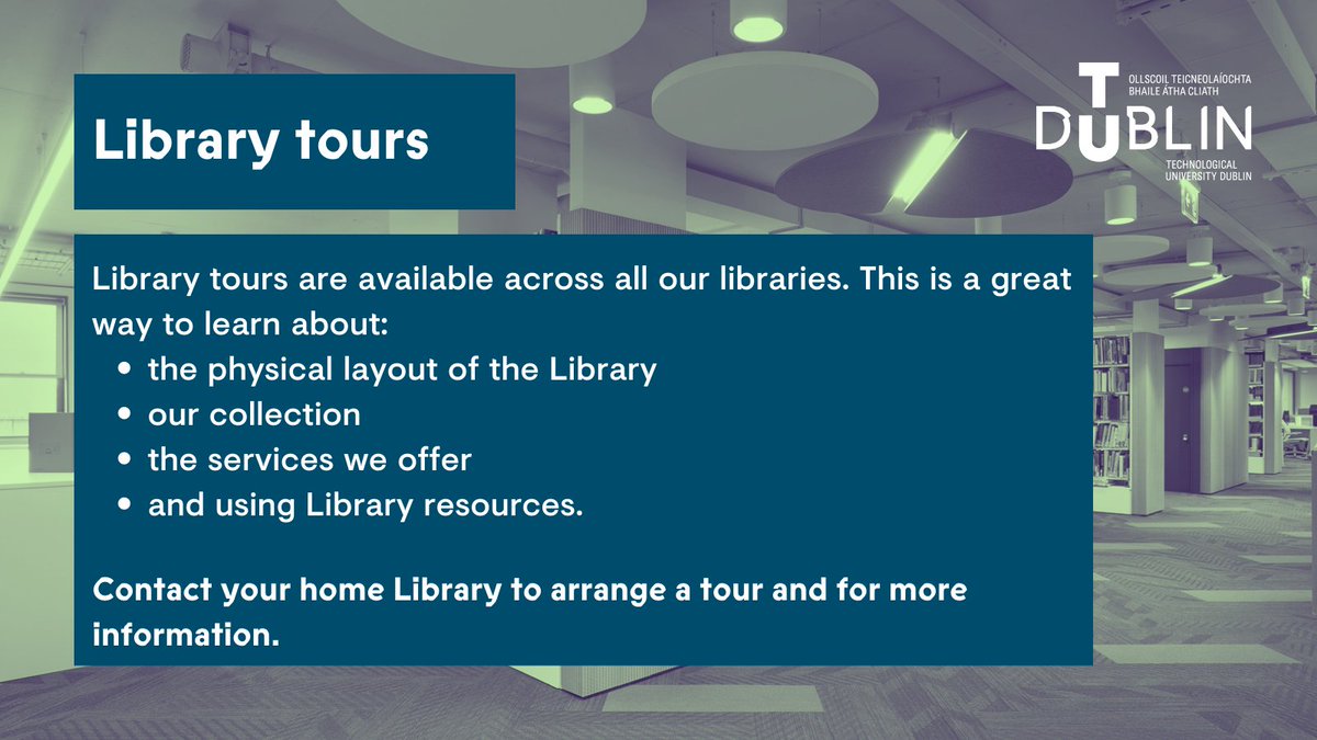 tudublinlib_'s tweet photo. Library tours are available across all our Libraries. You can book a Library tour by speaking to your class lecturer, your class rep or by directly contacting your home Library. Visit the Library website for more information: https://t.co/FdOd8X4iAw
#WeAreTUDublin #LibraryTours https://t.co/iGRIqehFIv