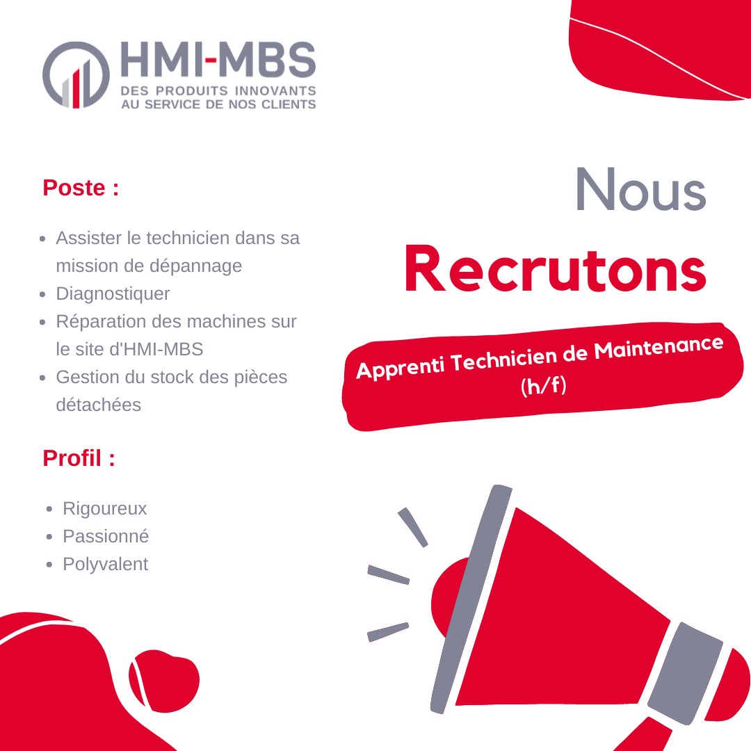 🚨🎯 RECRUTEMENT 🎯🚨

📢 Nous recrutons un 𝐀𝐩𝐩𝐫𝐞𝐧𝐭𝐢 𝐓𝐞𝐜𝐡𝐧𝐢𝐜𝐢𝐞𝐧 𝐝𝐞 𝐌𝐚𝐢𝐧𝐭𝐞𝐧𝐚𝐧𝐜𝐞 (𝐡/𝐟) 🔍

👉 Pour candidater : contact@hmi-mbs.fr

Vous trouverez toutes les modalités de #recrutement sous la rubrique carrière de notre site internet ! 🤳