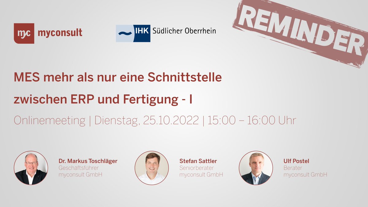 Potenziale schneller aufdecken, Mitarbeiter:innen besser unterstützen, durchgängige Informationsflüsse gestalten und Abläufe dauerhaft verbessern - das alles sind Ziele, die Unternehmen mit der Einführung eines MES verfolgen.

Direkt kostenfrei anmelden | xing.com/events/schluss…