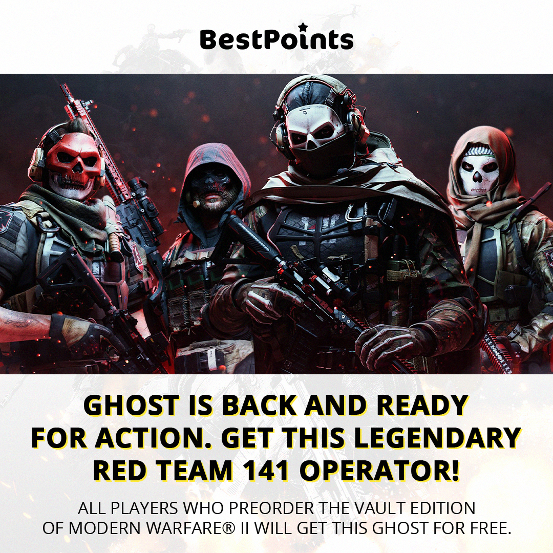 bestpointscd's tweet photo. Ghost is back and ready for action. Get this legendary Red Team 141 Operator! 👽❤️‍🔥 All players who preorder the Vault Edition of Modern Warfare® II will get this Ghost for free. 🚨

#bestpoints #cod #CallOfDuty #gaming #game #giftcards https://t.co/efGjBu1agl