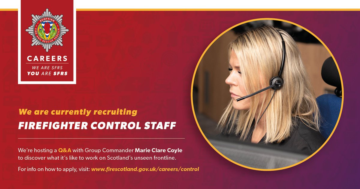 fire_scot's tweet photo. Are you thinking of applying for the role of Firefighter Control - but you're not sure what's involved? 🧑📞🚒

We'll be hosting a Q&amp;A session with Group Commander Marie Clare Coyle tomorrow via our Instagram Story. 

Submit your questions now 🔥👉 https://t.co/xBIGCyQxL3 https://t.co/PW8VZmnaMn