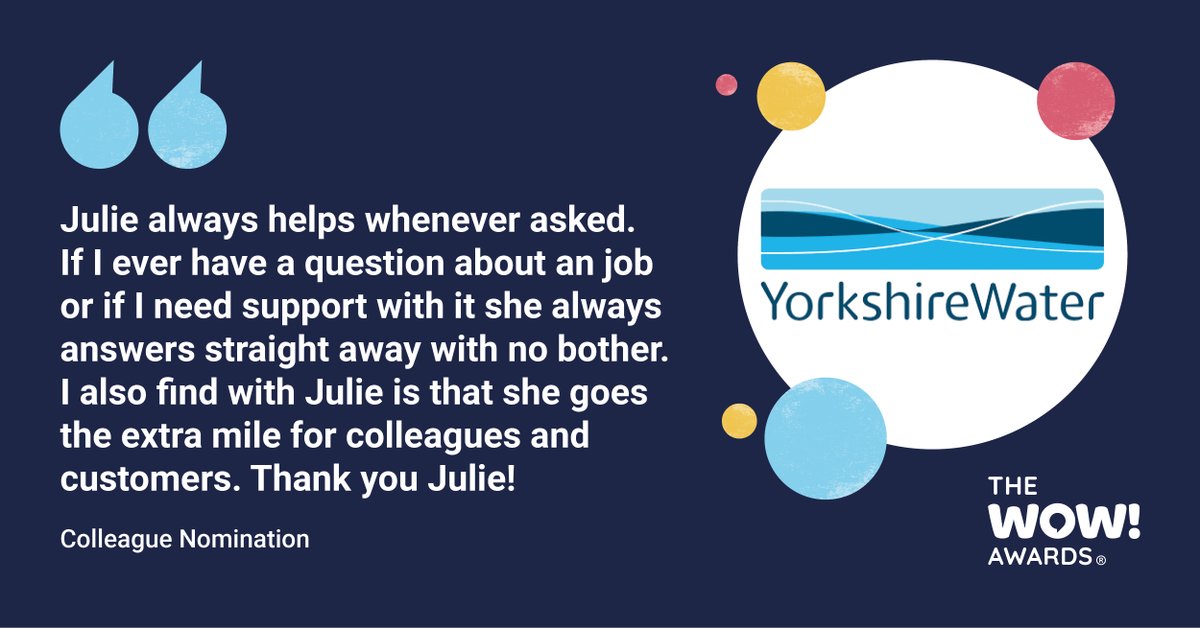thewowawards's tweet photo. Julie! What a lovely nomination from your colleague @YorkshireWater - Congratulations for being recognised with a WOW! Award for going that extra mile.
#customerservice #customerservicestories #customerservices https://t.co/GRH0aoWPHf