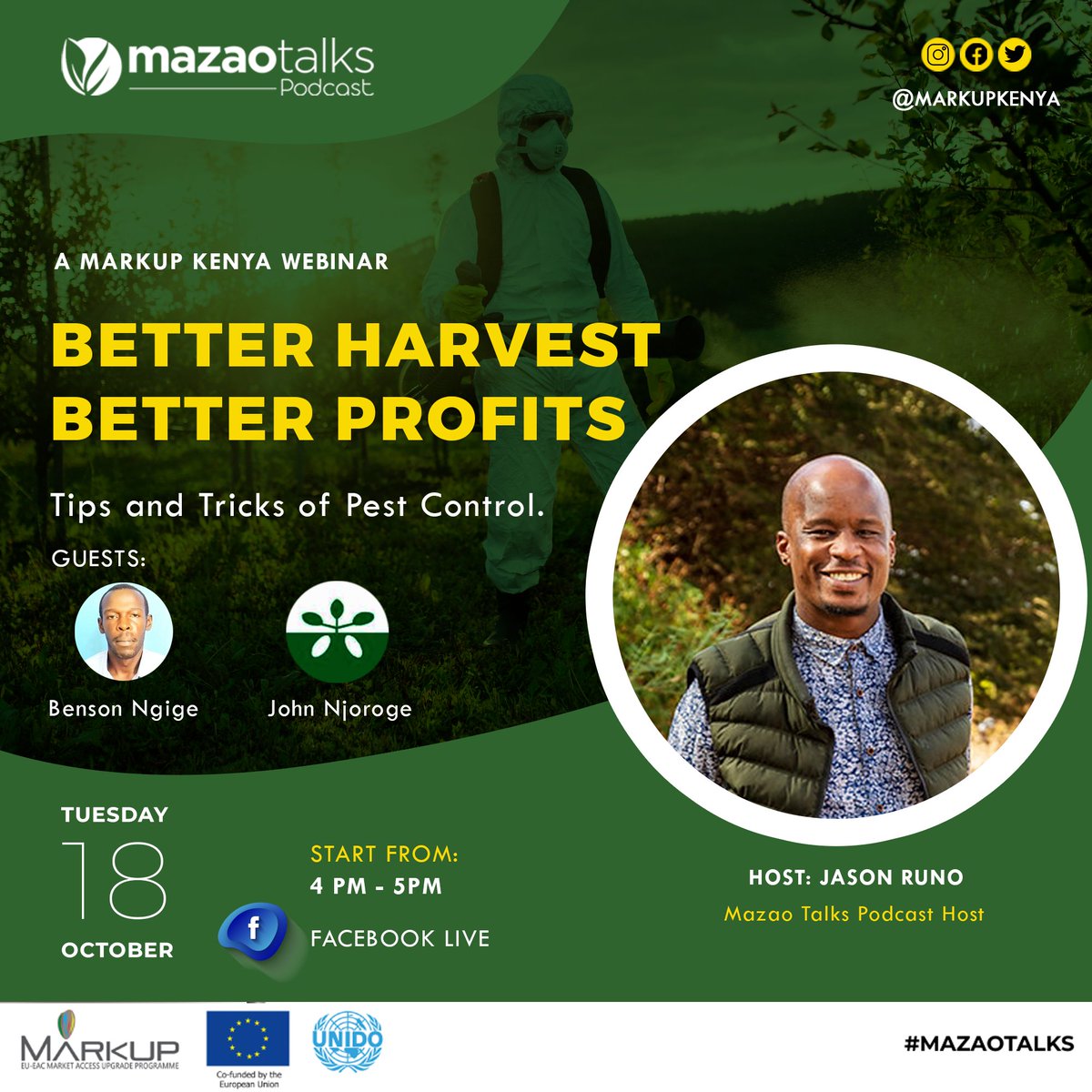 markupkenya's tweet photo. BETTER HARVEST; BETTER PROFITS: Join us tomorrow, Tuesday 18th at 4pm for a #MazaoTalks Webinar on safe use of pesticides and pest control, with Benson Ngige and John Njoroge, hosted by @jasonruno 

  Live on Facebook: https://t.co/fU2arXx2CW  

Kindly RSVP! https://t.co/qeAGForO6u