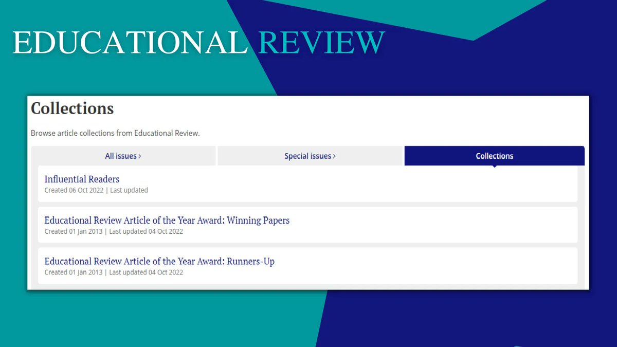 EdReview's tweet photo. ❗️ NEW: "Collections" from Educational Review 📖

Visit the Collections page of our website for #InfluentialReader reviews and #ArticleOfTheYear papers!

https://t.co/LsTjQ1jjNR https://t.co/eHcsRrMNpG