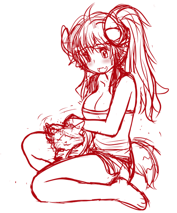 例の委員会に提出したミカンさん、
実はラフではシャミ子でした。
こんな格好でメタ子を自室で撫でるという
状況にシャミ子では違和感を感じて、
ミカンに変更したという経緯。 