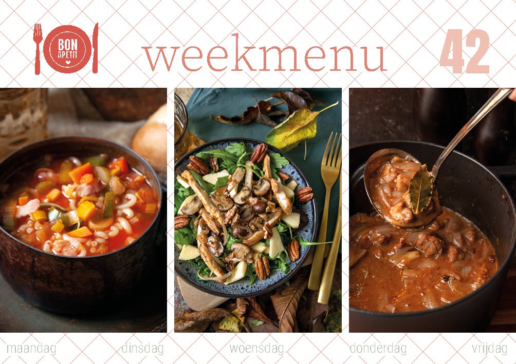 ik heb voor jullie een nieuw #weekmenu vol met lekkere #recepten klaarstaan. Wat dacht je van #minestrone, #hachee of een heerlijke # #herfstsalade. #watetenwe 
bonapetit.nu/weekmenu/weekm…