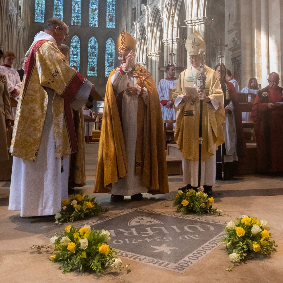 The Archbishop of York and Bishop of Leeds joined @riponcathedral yesterday for the culmination of their 1350th celebrations. A ledger stone, honouring their founding father St Wilfrid, was dedicated by Archbishop Stephen during the service. @CottrellStephen @nickbaines