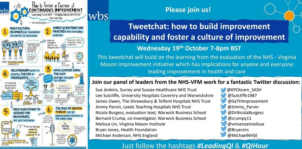 ✨️✨️#QITwitter.....✨️✨️ #QIHour are excited to be partnering with @WarwickBSchool for this tweet chat @DrNicolaBurgess 🗓 Wednesday 19 October ⏰️ 7pm BST (GMT+1) 🌎 Everyone invited! #️⃣ #LeadingQI #QIHour #QITwitter Community: please spread the word 🥰🤩🥳