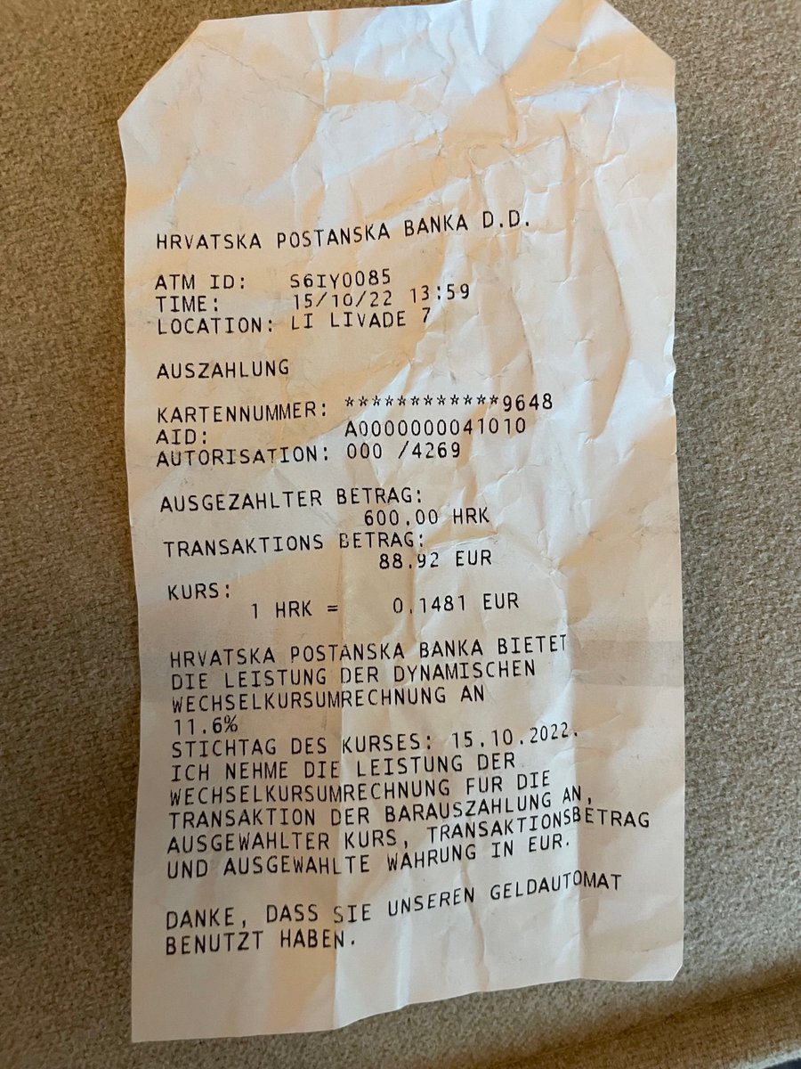 quadres's tweet photo. Cheeky business from hell. Hrvatska Postanka Banka charges 11.6% fees from it's own ATM. Inflation as a service. https://t.co/1TxpMmM0nH