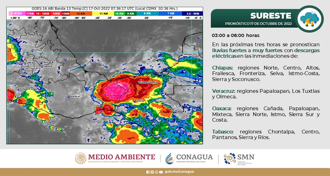 conagua_clima's tweet photo. ⚠️⛈️☔️En entidades del sureste de #México, se pronostican #Lluvias fuertes a muy fuertes, durante las próximas tres horas.
Más información en las imágenes ⬇️ https://t.co/LdaCV2GtIp