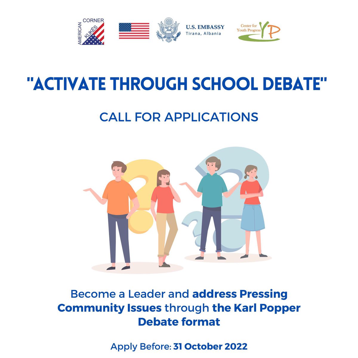 ACKukes's tweet photo. Apply here https://t.co/6VifOfZEBP and become part of @ACKukes newest program "Activate through School Debate", program which will help you gain leadership and public speaking skills, develop critical thinking, and enhance English language skills @USEmbassyTirana @AmericanSpaces https://t.co/6w59lUjU09