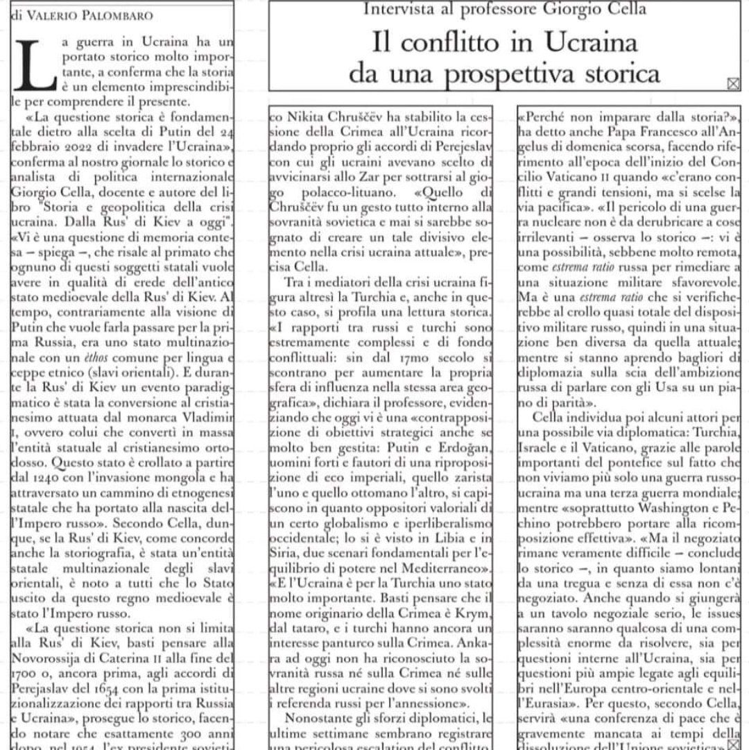 cella_giorgio's tweet photo. Intervistato da L'Osservatore Romano sulle dinamiche storiche del conflitto russo-ucraino che sta cambiando il sistema internazionale https://t.co/U9rVNxzQMu