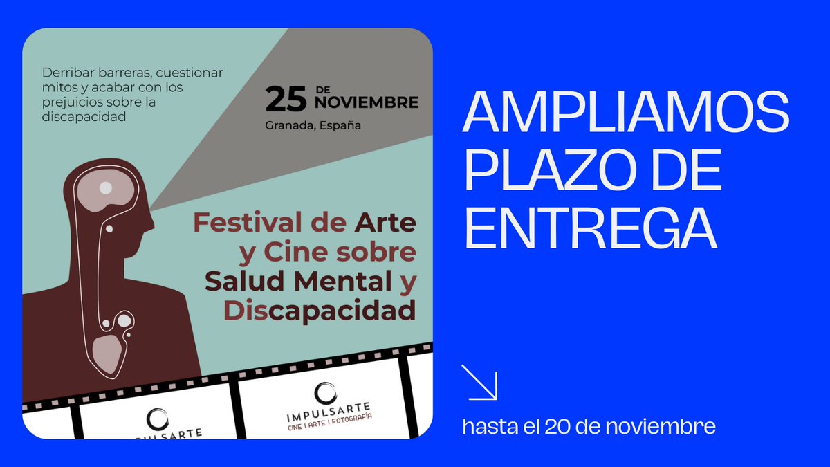 FImpulsarte's tweet photo. ¡Buenas noticias! 🎉 Hemos escuchado vuestras peticiones y ampliamos plazo hasta el 20 DE NOVIEMBRE. 
¿A qué esperáis para formar parte del Impulso? 
#separtedelimpulso 
#discapacidad 
#saludmental https://t.co/uSJz52I7sT