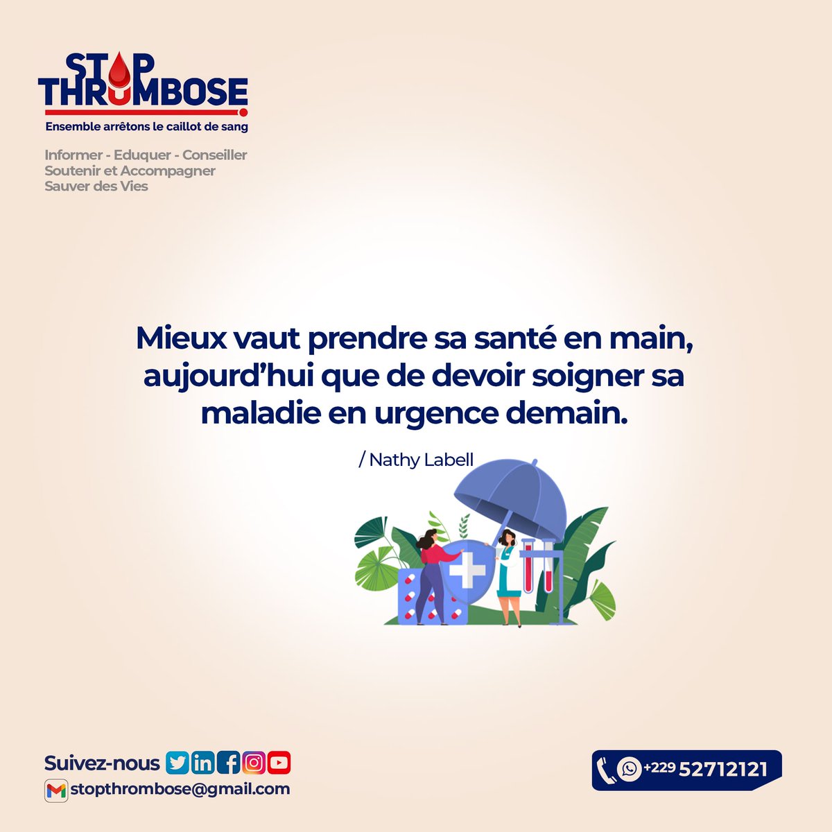 SThrombose's tweet photo. HEALTH MOTIVATION 

✨Mieux vaut prendre sa santé en main aujourd'hui que de devoir soigner une maladie en urgence demain ✨
- Nathy Labell . 

Bonne semaine de travail à tous!

Contact: 
📧stopthrombose@gmail.com
☎️ 00229 52712121

#stopthrombose #santé #thrombosis https://t.co/0XWv1ci8z6