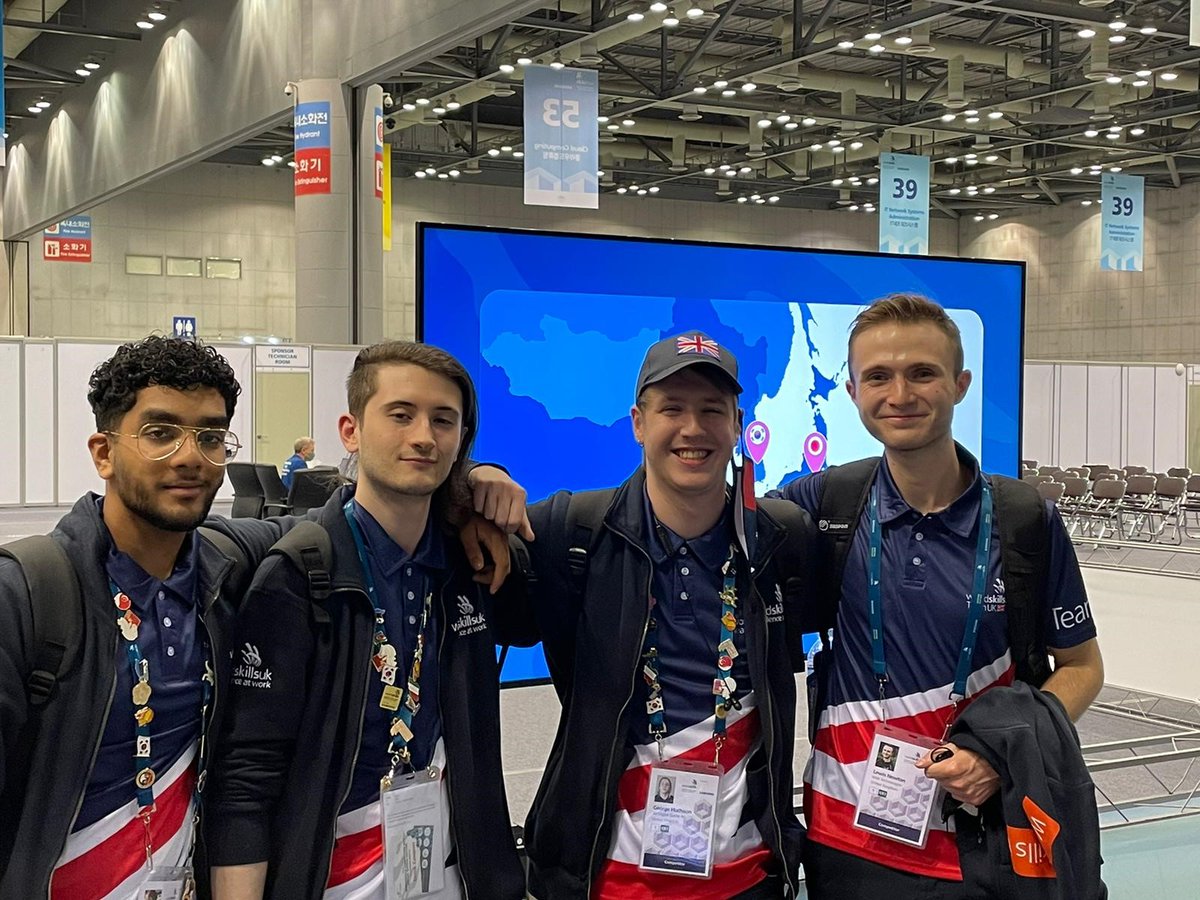 Great news! #TeamUK have had a hat trick of medallions of excellence in Korea this morning! Sai Putravu and Luke Jowett took home a medallion in #CyberSecurity, George Hutchison got one for #3DGameArt and Lewis Newton got his for #WebTechnologies. Incredible! #WorldSkills2022
