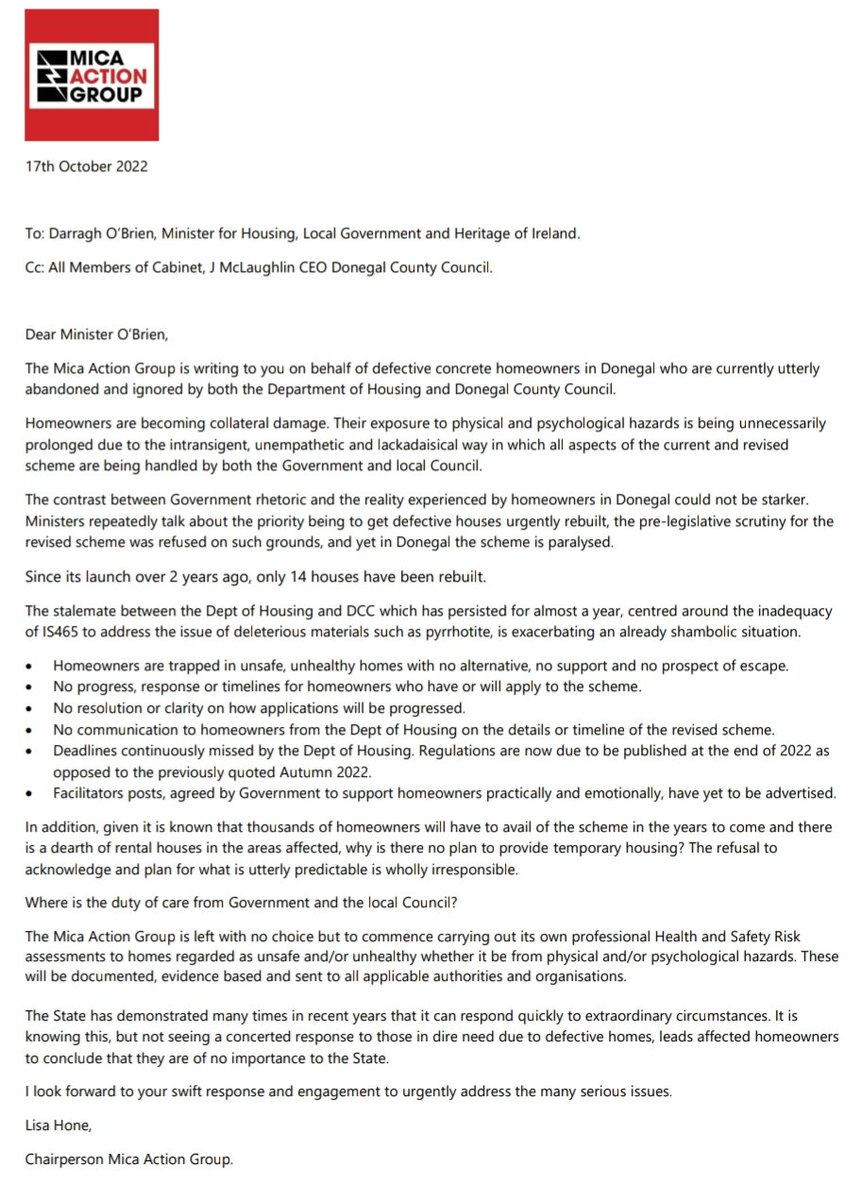 mag_justice's tweet photo. This morning, the letter below was sent to Minister for Housing, Darragh O'Brien and copied in to all Cabinet members and John McLaughlin, CEO of Donegal County Council.
#Donegal #mica #pyrite #pyrrhotite 
#100percentredress #defectiveblocks https://t.co/OnFfPOF0e2
