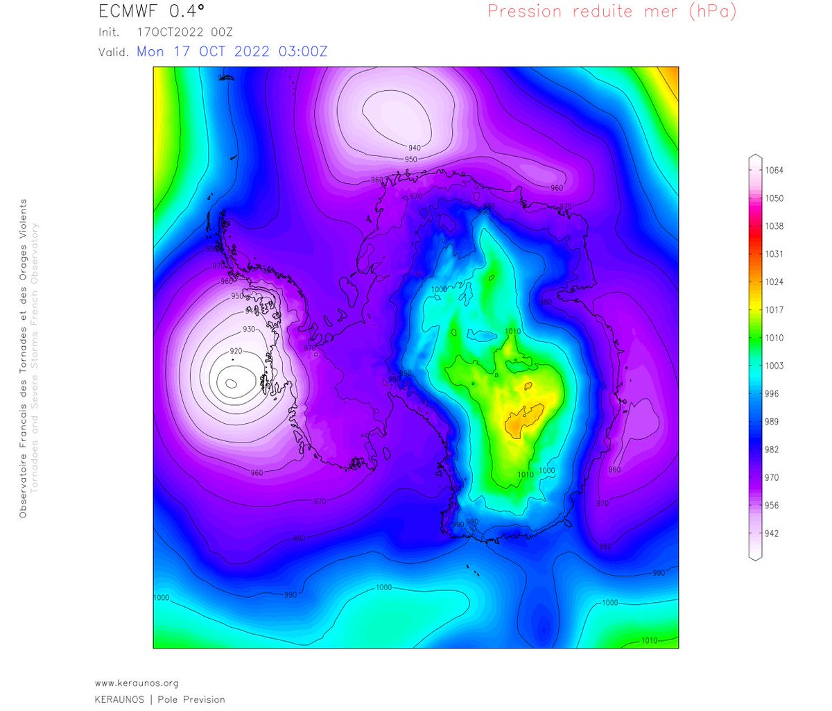 Remarquable dépression extratropicale au large immédiat de l'#Antarctique, avec des pressions autour de 900 hPa au cœur du système. Valeurs assez rares dans le sud Pacifique (hors systèmes tropicaux très intenses). 