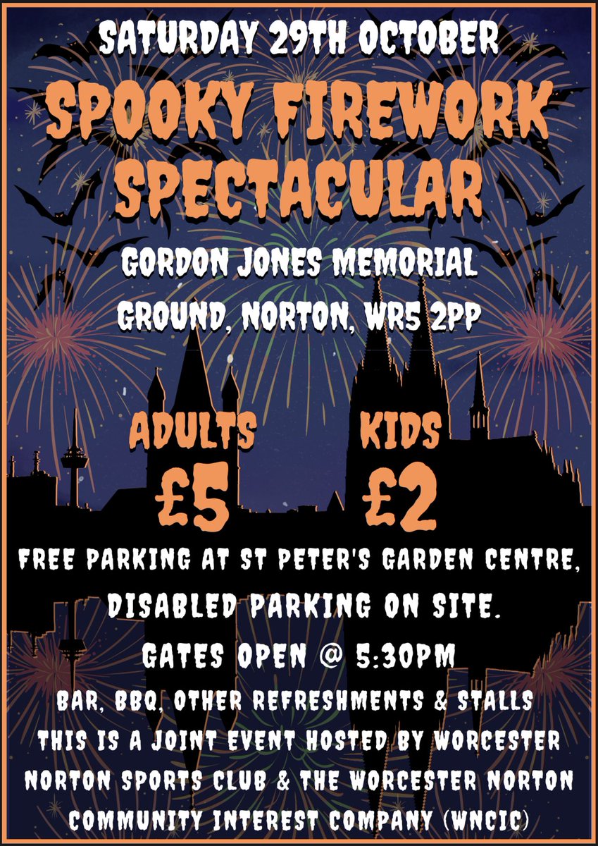 Our Spooky Firework Spectacular will be on Saturday 29th October. 

Make sure you head down to the Gordon Jones Memorial Ground to see an incredible display, BBQ, stalls and much more